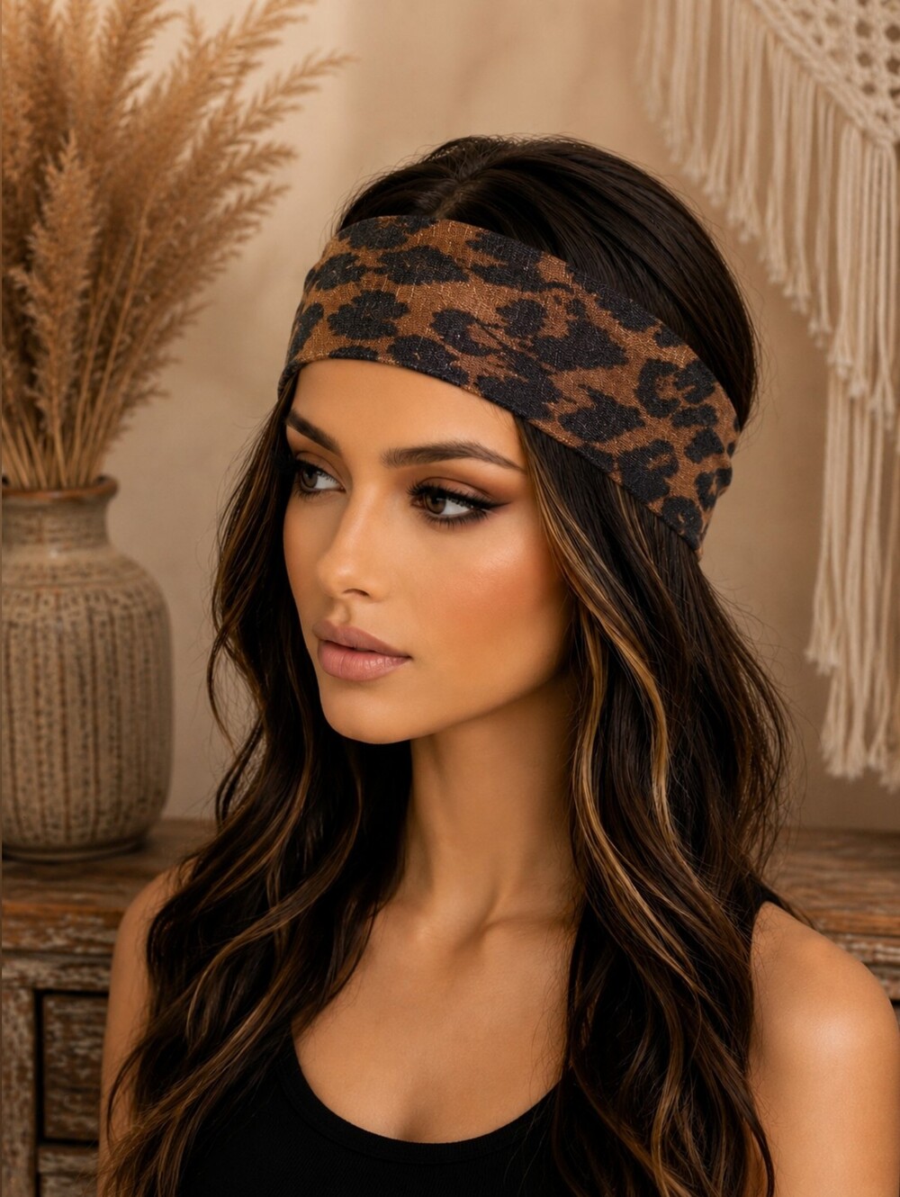 Leopard Knit Wide Headband in Brown/Black